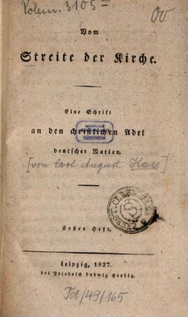 Vom Streite der Kirche : eine Schrift an den christlichen Adel deutscher Nation, 1