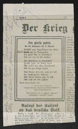 Pro gloria patria. An die Standarte der 6. Ulanen. [erschienen: Anzeiger der Stadt Hanau, 1914 ]
