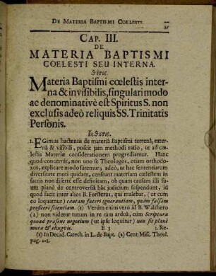 Cap. III. Materia Baptismi Coelesti Seu Interna.