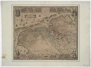 Karte von Westfriesland und der Provinz Groningen, 1:500 000, Kupferstich, 1633 : Tabula Frisiae, Groninghae et Territory, Embdensis, nec non circumiacentium Regionum puta Transisalaniae, Benthemiae, Westphaliae, et Oldenburgi / noviter summa cura et studio edita à Nicolao Iohannide Piscatore Ao. 1633. - [Ca. 1:500 000]. - [Amstelodami] : Nicolaus Johannis Piscator , 1633. - 1 Kt. : Kupferstich ; 54 x 36 cm Blattgr. 56 x 46 cm. Bildleisten mit 4 Kostümbildern, 1 Stadtansicht und 12 Stadtplänen. - Maßstab in graph. Form (Miliaria Germanica communia, Miliaria Belgica sive horae itineris)