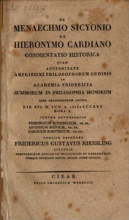 De Menaechmo Sicyonio et Hieronymo Cardiano : Commentatio historica