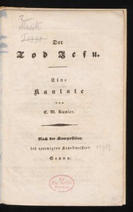 Der Tod Jesu : Eine Kantate von C. W. Ramler