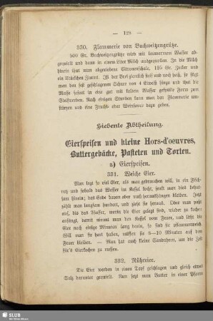 Siebente Abtheilung. Eierspeisen und kleine Hors-d'oeuvres, Buttergebäcke, Pasteten und Torten