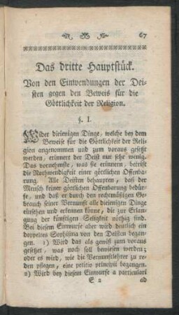 Das dritte Hauptstück. Von den Einwendungen der Deisten gegen den Beweis für die Göttlichkeit der Religion.