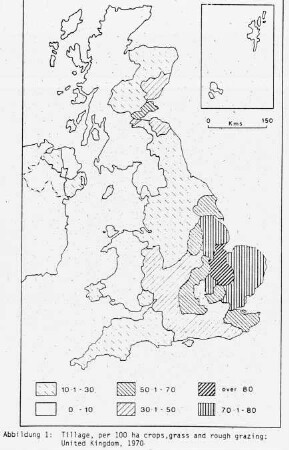 Tillage, per 100 ha crops, grass and rough grazing: United Kingdom, 1970