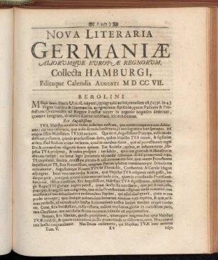 Nova Literaria Germaniæ Aliorumque Europæ Regnorum, Collecta Hamburgi, Editaque Calendis Augusti MDCCVII.
