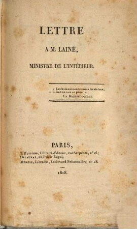 Lettre a M. Lainé, ministre de l'intérieur