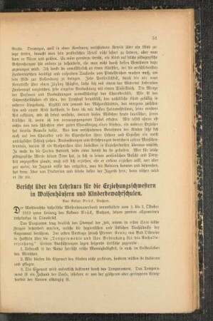 Bericht über den Lehrkurs für die Erziehungsschwestern in Waisenhäusern und Kinderbewahrschulen