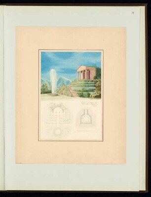 Pavillon über einem Eiskeller Monatskonkurrenz Dezember 1849: Grundriss Keller, Erdgeschoss, perspektivische Ansicht; 2 Maßstabsleisten