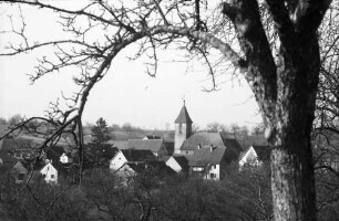 Hertingen: Blick auf Dorf von Südwesten, Vordergrund runder Ast