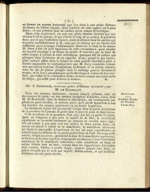 Sur le Steatornis, nouveau genre d'Oiseau nocturne