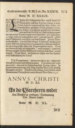 An die Pfarrherrn/ wider den Wucher zu predigen/ Vermanung Doct. Martini Lutheri.