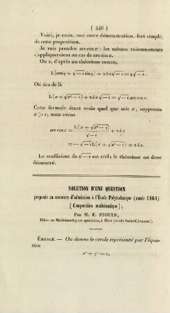 Solution d'une question proposée au concours d'admission à l'École Polytechnique (année 1864).