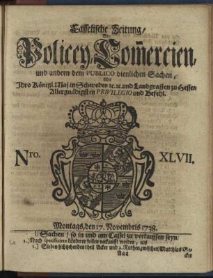Nro. XLVII, Montags, den 17. Novembris 1738