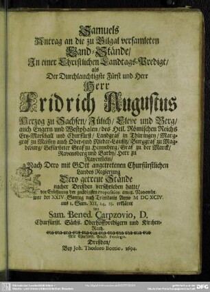 Samuels Antrag an die zu Gilgal versamleten Land-Stände : in einer christlichen Landtags-Predigt