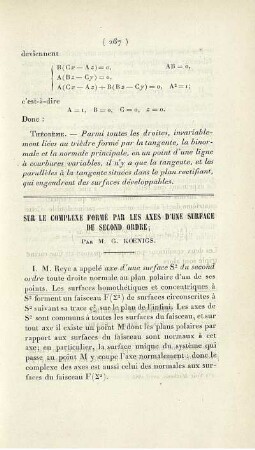 Sur le complexe formé par les axes d´une surface du second ordre.