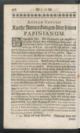 Andreae Gryphii Kurtze Anmerckungen über seinen Papinianum.