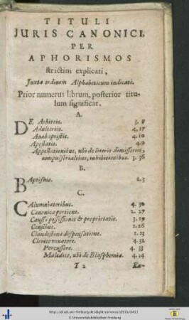 Tituli Juris Canonici Per Aphorismos strictim explicati, Juxta ordinem Alphabeticum indicati.