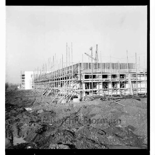 Langnese: Gewerbegebiet: Hammoorer Weg: Honigfabrikation: Betriebsgebäude in Bau: Rohbau mit Gerüsten, Baumaterialien: vorne Baustelle: im Hintergrund Baukran