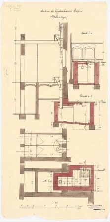 Kranken- und Siechenhaus, Brüssow Gültiger Ausführungsentwurf: Abortanlage, Gundriss, Schnitte 1:25