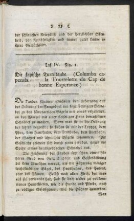 Taf. IV. Fig. 1. Die kapische Turteltaube Fig. 2. Der Papagei mit lasurblauem Kopfe Fig. 3. Der Bläuling
