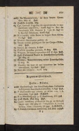101-112, Arzneywissenschaft. Folio-Bände. Quart-Bände. Octav-Bände. Duodez-Bände. Schriften der Akademieen, und vermischte Sammlungen. Quart-Bände. Octav-Bände.
