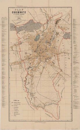 Plan von Chemnitz, 1:10 000, 1895 : Plan von Chemnitz : mit nächster Umgebung / bearbeitet und herausgegeben von der Stadtbauverwaltung. Lith. u. Druck v. Hugo Wilisch. - 1:10 000. - Chemnitz : Wilisch , 1895. - 1 Kt. ; mehrfarb. ; 51 x 94 cm, gefaltet