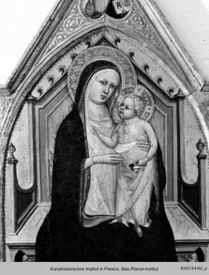 Triptychon mit der Madonna, Stiftern und den Heiligen Franziskus, Petrus, Paulus und Augustinus, segnender Christus und Verkündigung : Mittlere Tafel mit der Madonna