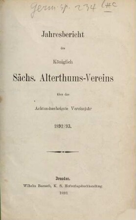 Jahresbericht des Sächsischen Altertumsvereins. 68. 1892/93