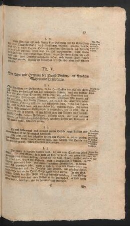 Tit. V. Von Lohn und Ordnung der Dienst-Bothen, an Knechten Mägden und Tagelöhnern.