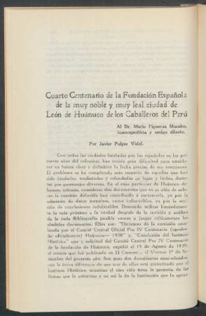 Cuarto Centenario de la Fundación Española de Huánuco
