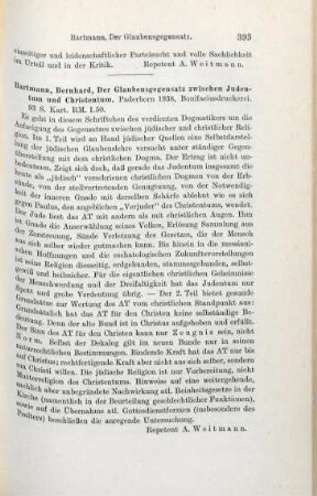 393 [Rezension] Bartmann, Bernhard, Der Glaubensgegensatz zwischen Judentum und Christentum