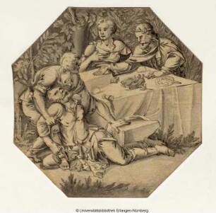 Fürstliches Paar im Freien – vor Bäumen – an der Tafel sitzend