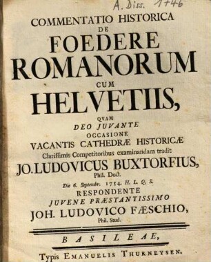 Commentatio Historica De Foedere Romanorum Cum Helvetiis