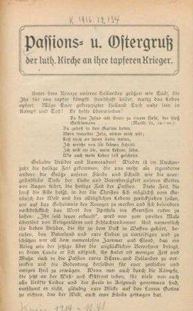 Passions- u. Ostergruß der luth. Kirche an ihre tapferen Krieger