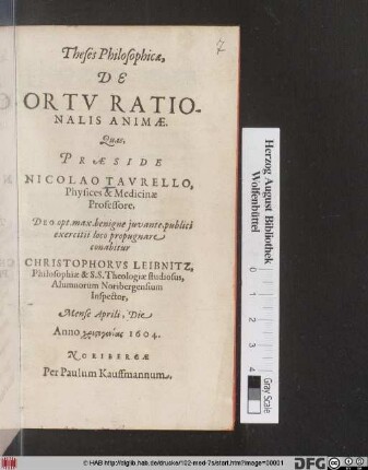 Theses Philosophicae, De Ortu Rationalis Animae