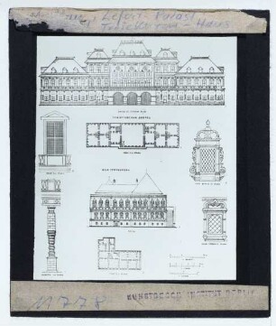 Moskau, Lefortowo-Palast (jetzt Russisches Staatliches Militärhistorisches Archiv),Moskau, Stadtpalais des Bojaren Trojekurow : Fassade, gesehen vom Jausa-Fluss, Grundrisse, Fenster, Pilaster