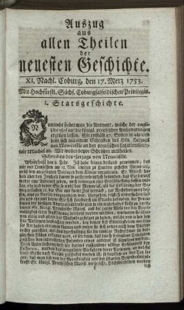 XI. Nachlese. Coburg, den 17. Merz. 1753.