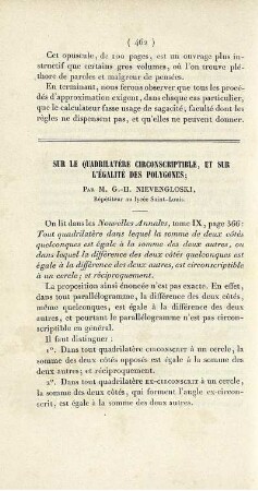 Sur le quadrilatère circonscriptible, et sur l´egalité de polygones.
