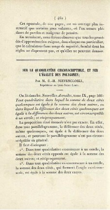 Sur le quadrilatère circonscriptible, et sur l´egalité de polygones.