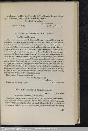 August Wilhelm von Schlegel an Johannes Schulze, Bonn, 03.11.1840