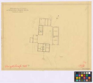 Voigtsdorf (Landkreis Habelschwerdt, Grafschaft Glatz): Gehöft Elsner. Lageplan mit. - [Haupthaus] (Grundriss). - [Schuppen] (Grundriss). - [Augzüglerhaus] (Grundriss). - [Scheune] (Grundriss). - [Kuhstall] (Grundriss)