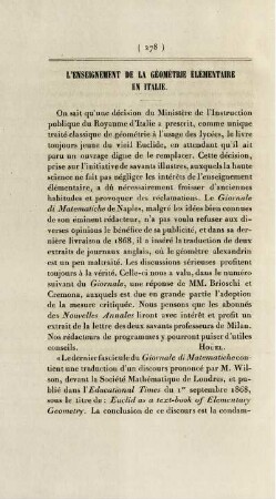 L'enseignement de la géométrie élémentaire en Italie.