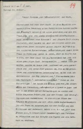 Arbeit in I am 5.2.1920. Vortrab [!] Br. Kröner. Teodor [!] Fontane, der Heimatdichter der Mark.