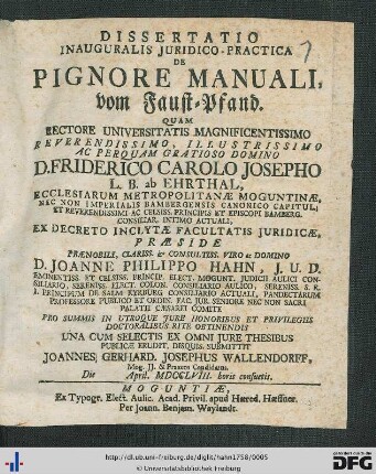 Dissertatio Inauguralis Juridico-Practica De Pignore Manuali