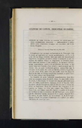 Culture du coton. Industrie sucriere.