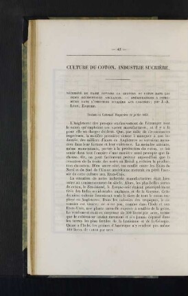 Culture du coton. Industrie sucriere.