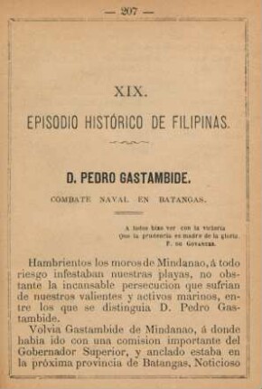 XIX. D. Pedro Gastambide. Combate naval en Batangas