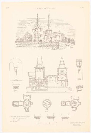 St. Michaelskirche, Fulda: Perspektivische Ansicht, Längsschnitt, Details (aus: Altchristl. u. roman. Baukunst, hrsg. v. Zeichenaussch. d. Stud. d. TH Berlin, 1875)