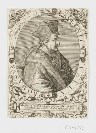 Bildnis Laurentius Valla, aus: Jean-Jaques Boissard, "Icones Qvinqvaginta Virorvm illustrium doctrina & eruditione præstantium ad vivum effictæ, cum eorum vitis, Frankfurt 1597, S. 112